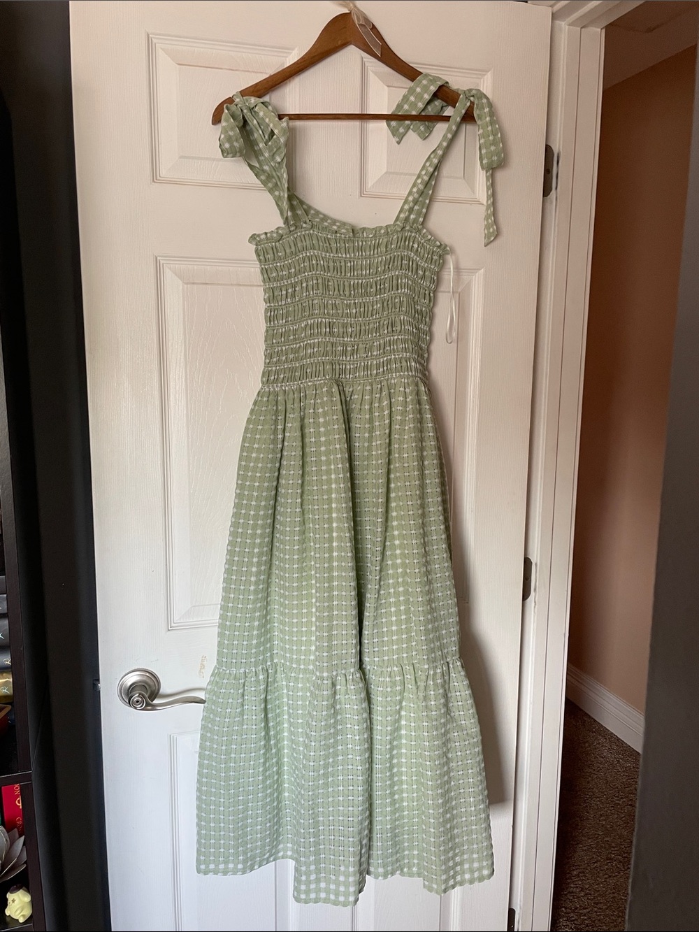 En Saison Sage Green Gingham Smocked Tie-Shoulder Midi Dress